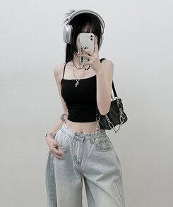 ノースリーブ 【SHORT/LONG 丈別 カップ付き】シャーリングキャミソール6色 BLACK