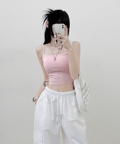 ノースリーブ 【SHORT/LONG 丈別 カップ付き】シャーリングキャミソール6色 PINK
