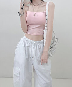 ノースリーブ 【SHORT/LONG 丈別 カップ付き】シャーリングキャミソール6色 PINK
