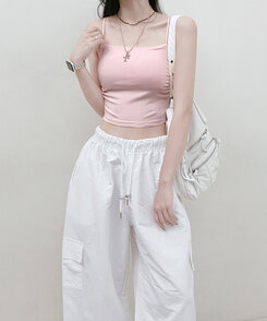 ノースリーブ 【SHORT/LONG 丈別 カップ付き】シャーリングキャミソール6色 PINK