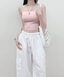 ノースリーブ 【SHORT/LONG 丈別 カップ付き】シャーリングキャミソール6色 PINK