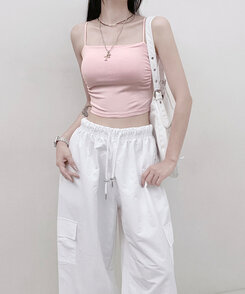 ノースリーブ 【SHORT/LONG 丈別 カップ付き】シャーリングキャミソール6色 PINK