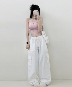 ノースリーブ 【SHORT/LONG 丈別 カップ付き】シャーリングキャミソール6色 PINK