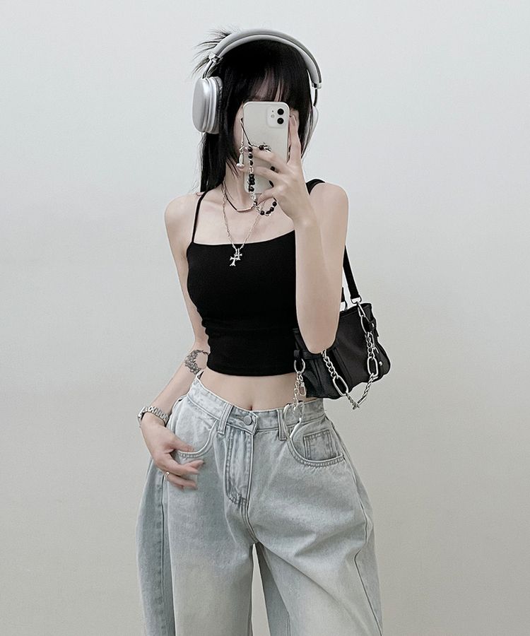 【SHORT/LONG 丈別 カップ付き】シャーリングキャミソール6色 BLACK