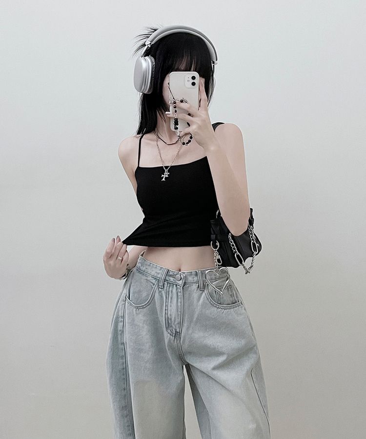 【SHORT/LONG 丈別 カップ付き】シャーリングキャミソール6色 BLACK