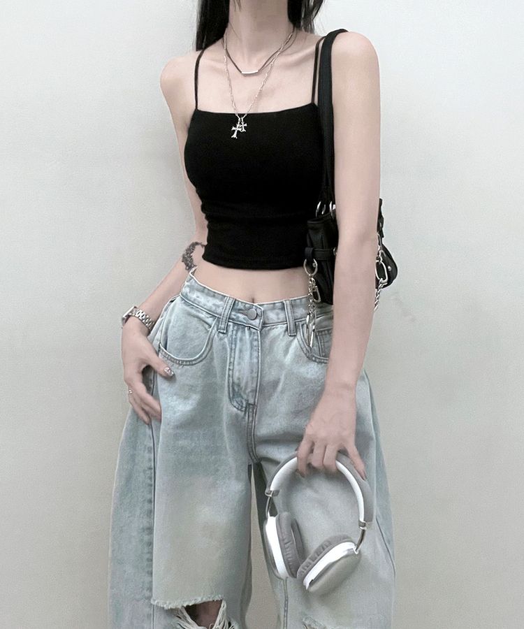 ノースリーブ 【SHORT/LONG 丈別 カップ付き】シャーリングキャミソール6色 BLACK