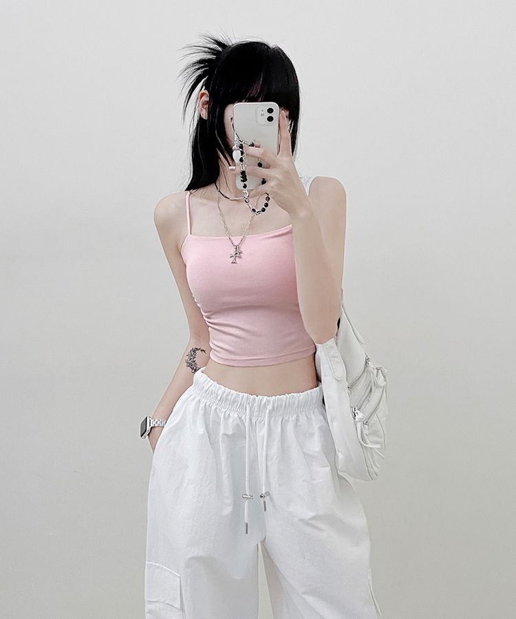 【SHORT/LONG 丈別 カップ付き】シャーリングキャミソール6色 PINK