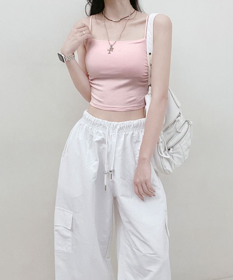 【SHORT/LONG 丈別 カップ付き】シャーリングキャミソール6色 PINK