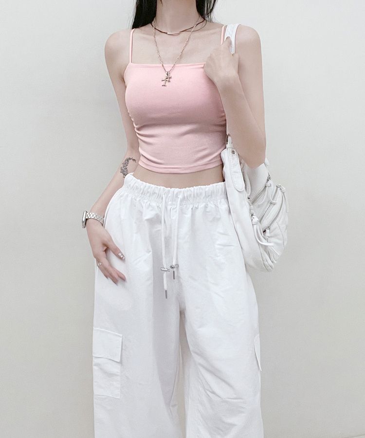 【SHORT/LONG 丈別 カップ付き】シャーリングキャミソール6色 PINK