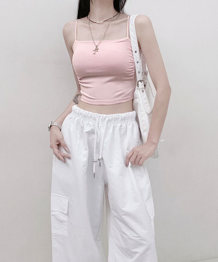 【SHORT/LONG 丈別 カップ付き】シャーリングキャミソール6色 PINK