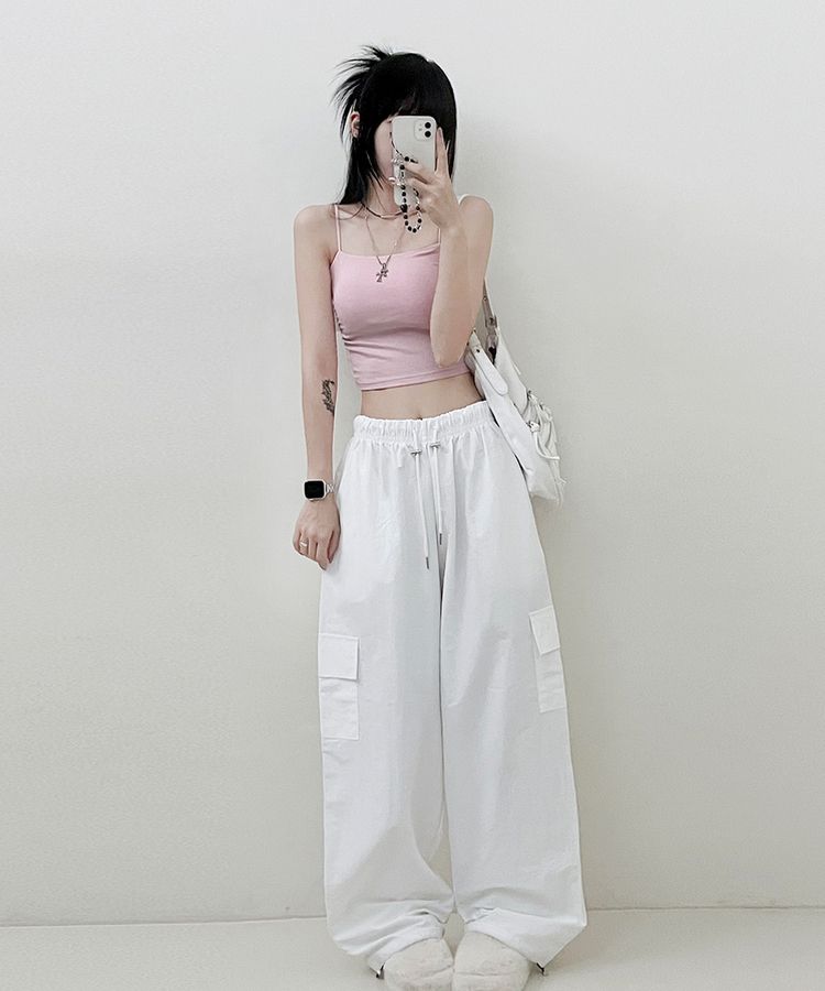 【SHORT/LONG 丈別 カップ付き】シャーリングキャミソール6色 PINK