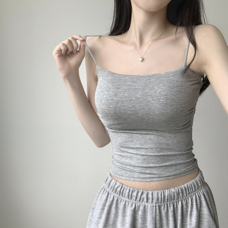 래빗 옆셔링 크롭 볼륨업 패드캡 파스텔 크롭 이너 나시 끈나시 슬리브리스 여름나시 썸머나시 기장선택 그레이