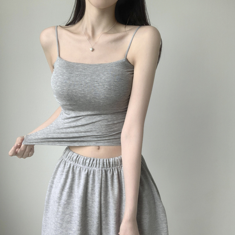 래빗 옆셔링 크롭 볼륨업 패드캡 파스텔 크롭 이너 나시 끈나시 슬리브리스 여름나시 썸머나시 기장선택 그레이
