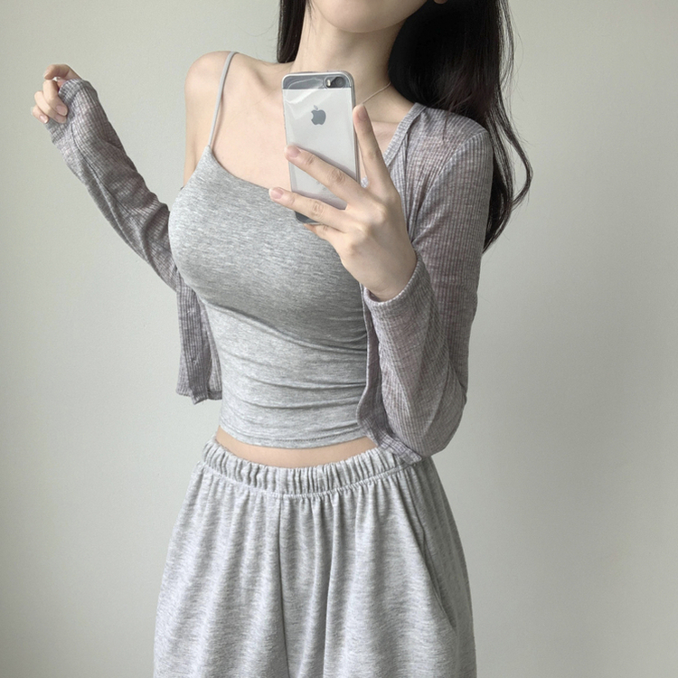 래빗 옆셔링 크롭 볼륨업 패드캡 파스텔 크롭 이너 나시 끈나시 슬리브리스 여름나시 썸머나시 기장선택 그레이