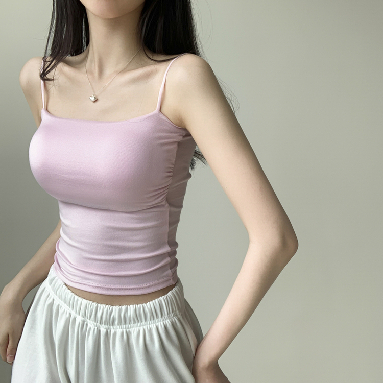 래빗 옆셔링 크롭 볼륨업 패드캡 파스텔 크롭 이너 나시 끈나시 슬리브리스 여름나시 썸머나시 기장선택 핑크