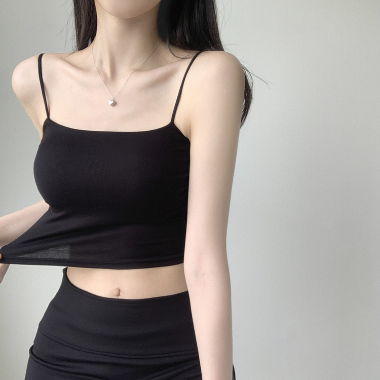래빗 옆셔링 크롭 볼륨업 패드캡 파스텔 크롭 이너 나시 끈나시 슬리브리스 여름나시 썸머나시 기장선택 블랙