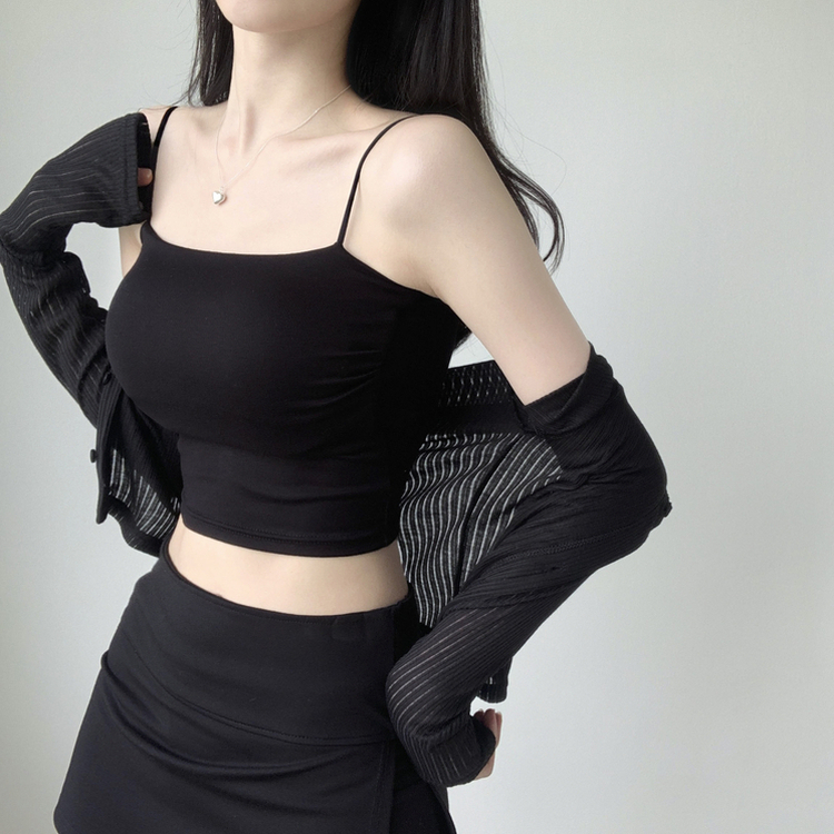 래빗 옆셔링 크롭 볼륨업 패드캡 파스텔 크롭 이너 나시 끈나시 슬리브리스 여름나시 썸머나시 기장선택 블랙