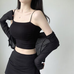 ノースリーブ 【SHORT/LONG 丈別】サイドシャーリングクロップサマースリーブレス6色 BLACK