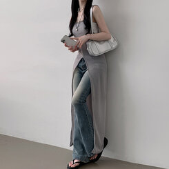 ロングワンピース シースルーレイヤードロングスリットワンピース KHAKI