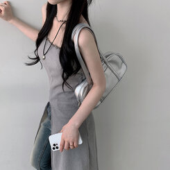 ロングワンピース シースルーレイヤードロングスリットワンピース KHAKI