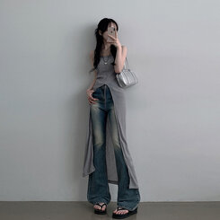 ロングワンピース シースルーレイヤードロングスリットワンピース KHAKI