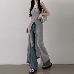 ロングワンピース シースルーレイヤードロングスリットワンピース KHAKI