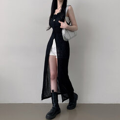 ロングワンピース シースルーレイヤードロングスリットワンピース BLACK