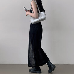 ロングワンピース シースルーレイヤードロングスリットワンピース BLACK