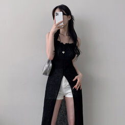 ロングワンピース シースルーレイヤードロングスリットワンピース BLACK