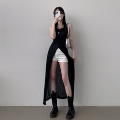 ロングワンピース シースルーレイヤードロングスリットワンピース BLACK