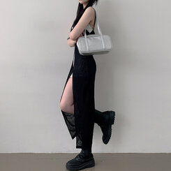 ロングワンピース シースルーレイヤードロングスリットワンピース BLACK