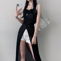 ロングワンピース シースルーレイヤードロングスリットワンピース BLACK