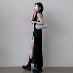 ロングワンピース シースルーレイヤードロングスリットワンピース BLACK