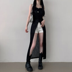 ロングワンピース シースルーレイヤードロングスリットワンピース BLACK