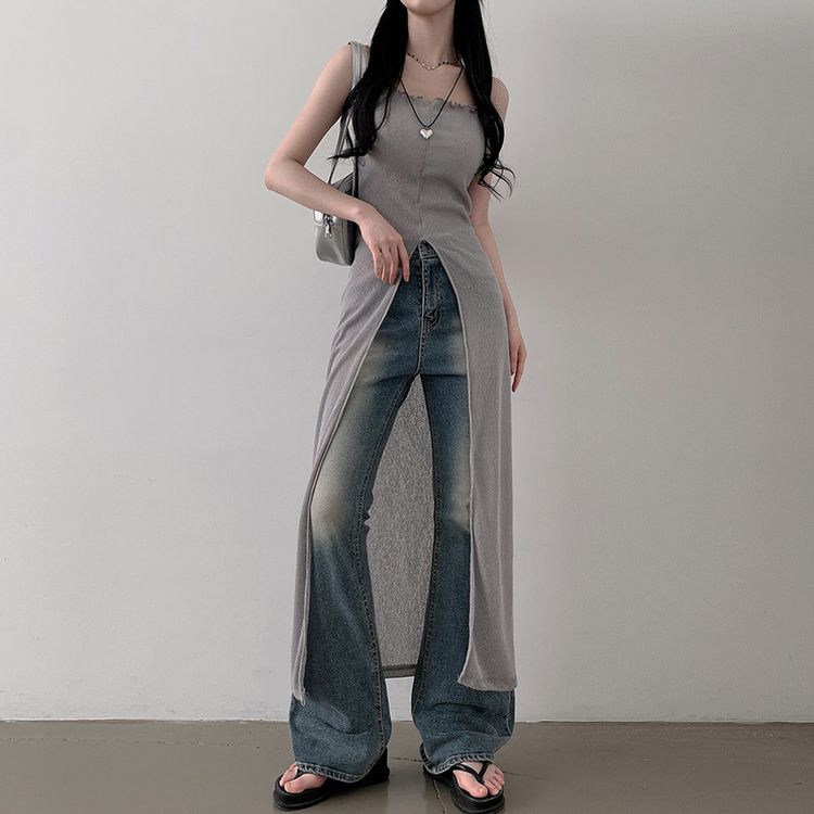シースルーレイヤードロングスリットワンピース KHAKI