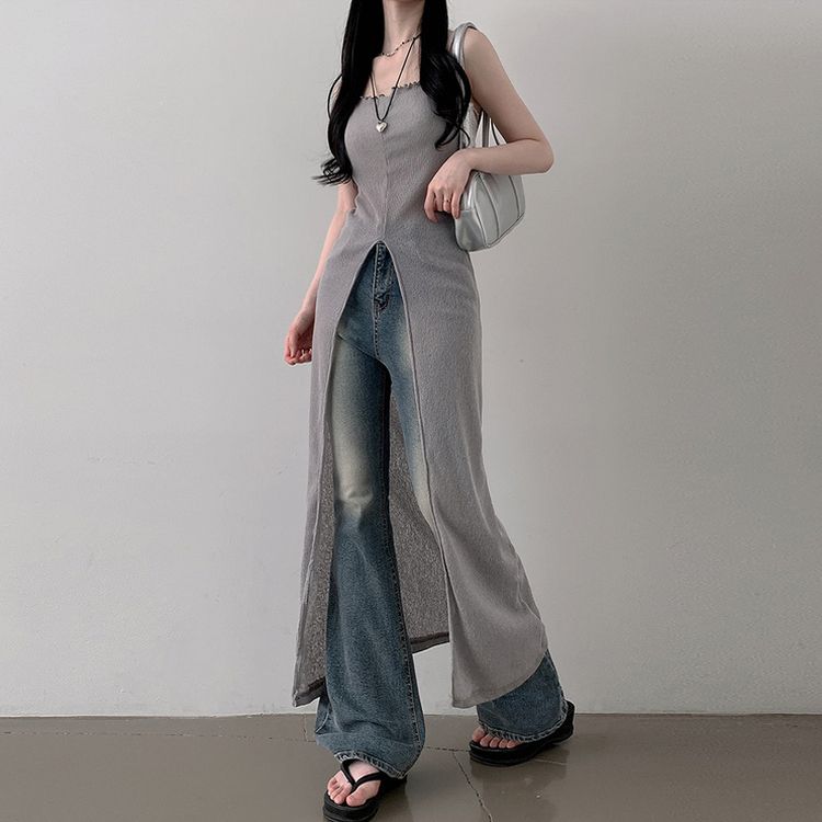 シースルーレイヤードロングスリットワンピース KHAKI