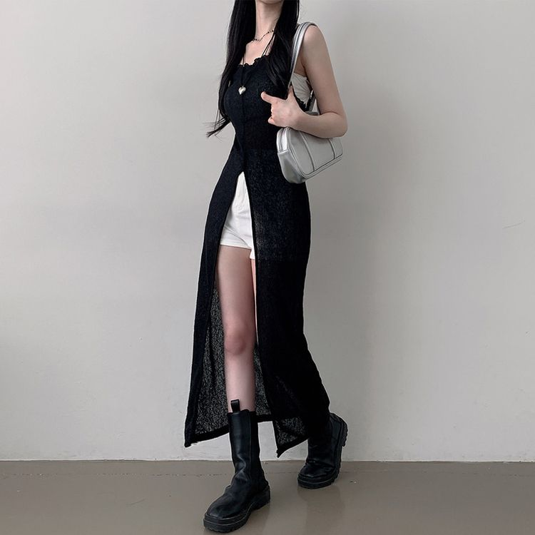 シースルーレイヤードロングスリットワンピース BLACK