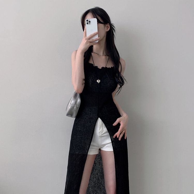 シースルーレイヤードロングスリットワンピース BLACK