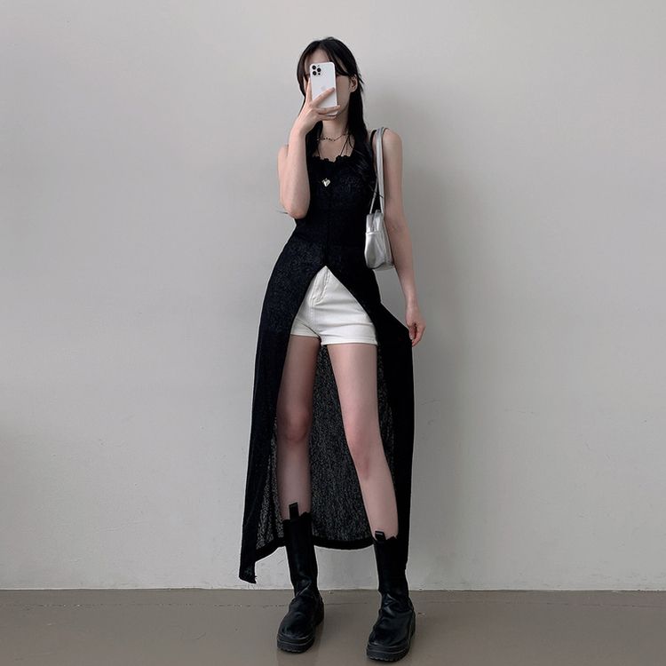 シースルーレイヤードロングスリットワンピース BLACK