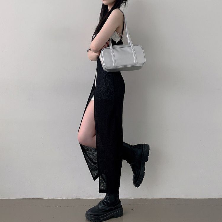 シースルーレイヤードロングスリットワンピース BLACK
