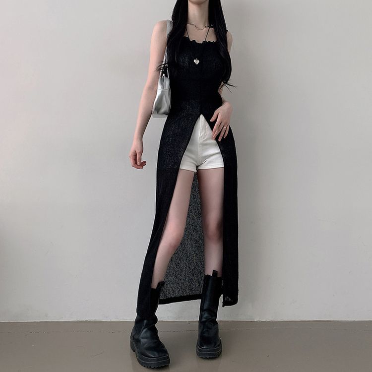 シースルーレイヤードロングスリットワンピース BLACK