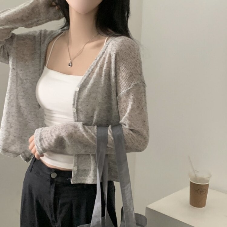 シースルーリネンクロップ長袖ニットカーディガン GRAY