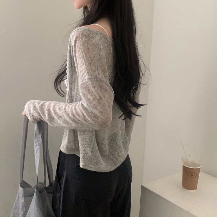 シースルーリネンクロップ長袖ニットカーディガン GRAY