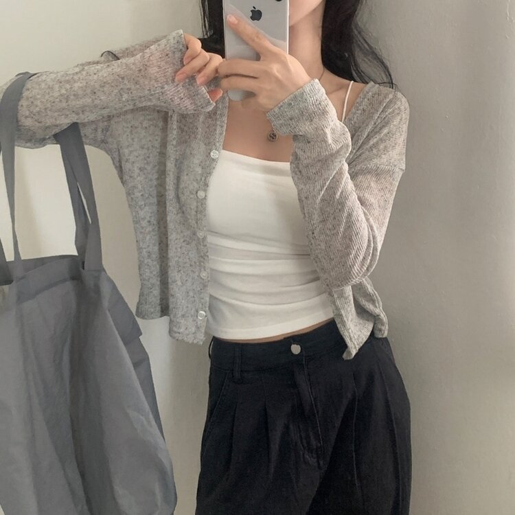 シースルーリネンクロップ長袖ニットカーディガン GRAY