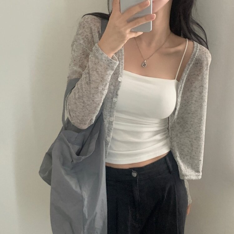 シースルーリネンクロップ長袖ニットカーディガン GRAY