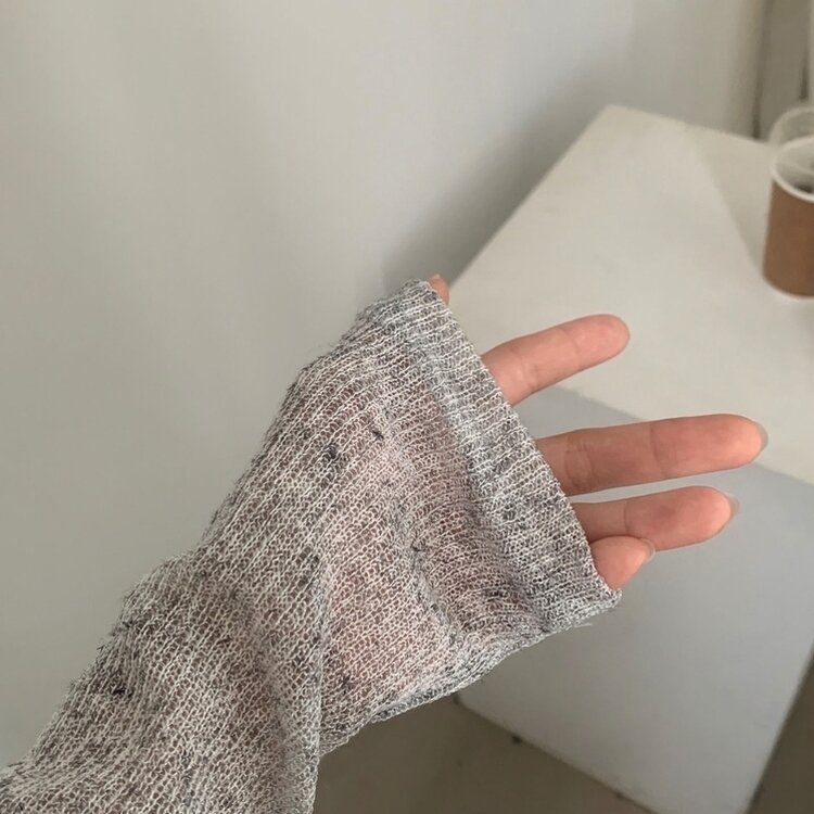 シースルーリネンクロップ長袖ニットカーディガン GRAY