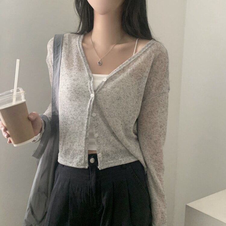 シースルーリネンクロップ長袖ニットカーディガン GRAY