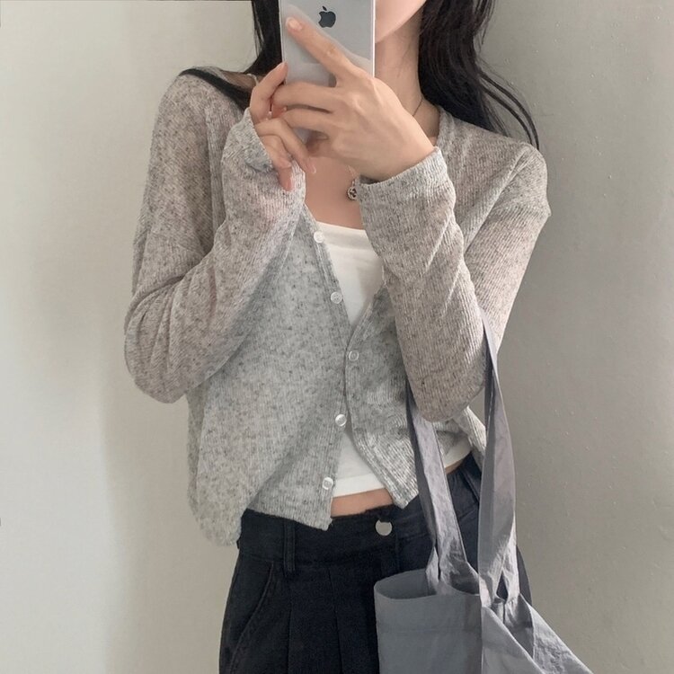 シースルーリネンクロップ長袖ニットカーディガン GRAY