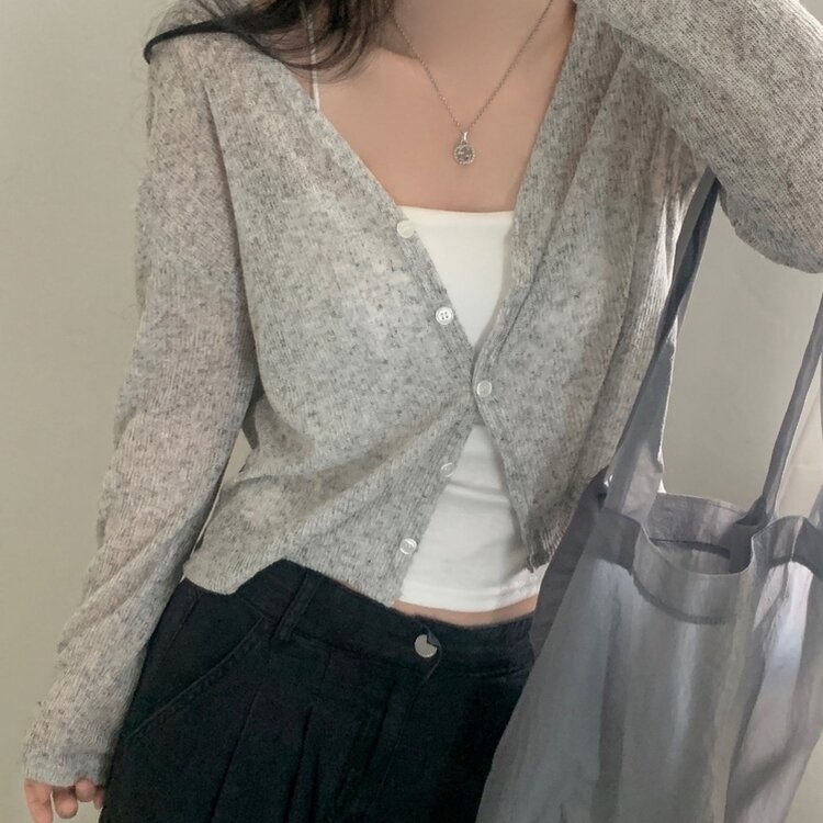 シースルーリネンクロップ長袖ニットカーディガン GRAY