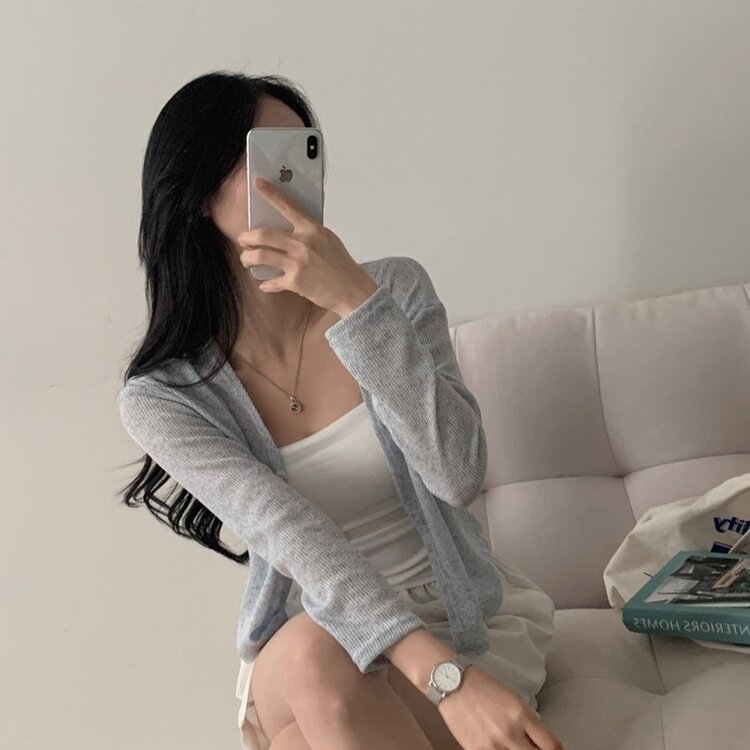 シースルーリネンクロップ長袖ニットカーディガン SKY BLUE